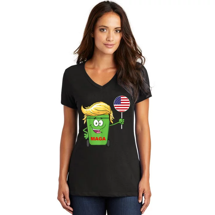 Funny Trump Maga Cartoon Garbage Can American Flag Women's V-Neck T-Shirt