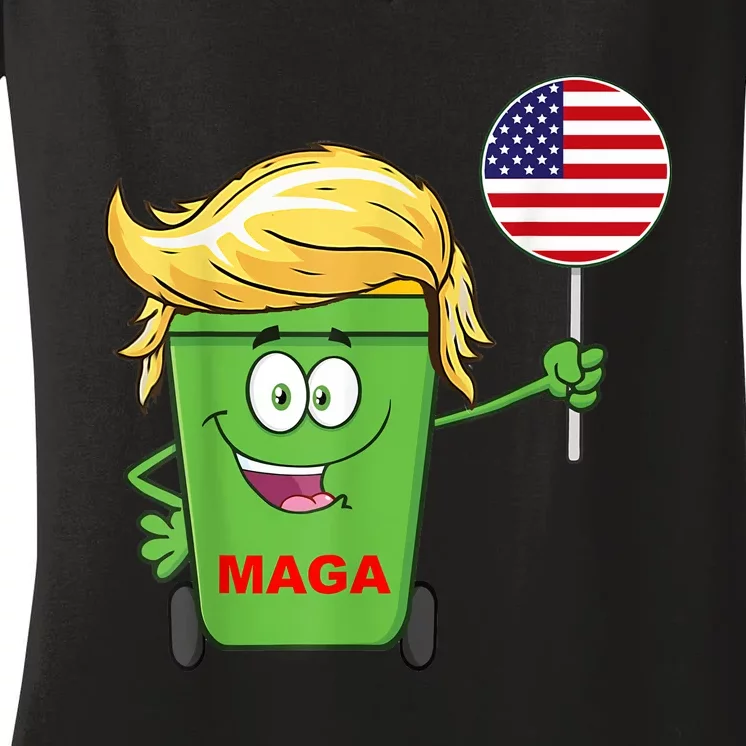 Funny Trump Maga Cartoon Garbage Can American Flag Women's V-Neck T-Shirt