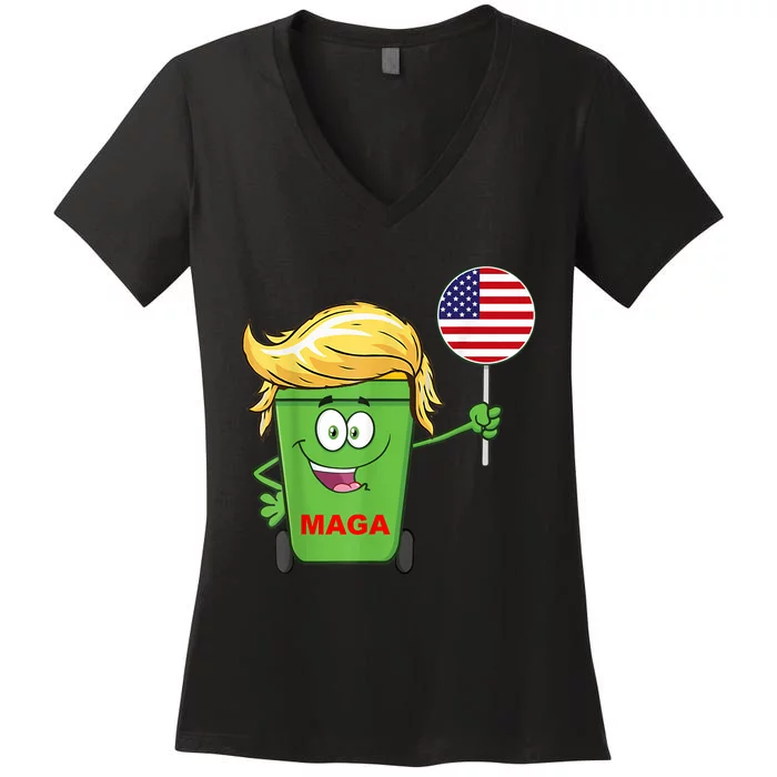 Funny Trump Maga Cartoon Garbage Can American Flag Women's V-Neck T-Shirt