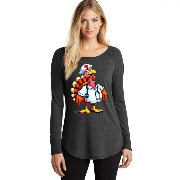 Funny Turkey Nurse Cartoon Thanksgiving Nurses Women's Perfect Tri Tunic Long Sleeve Shirt