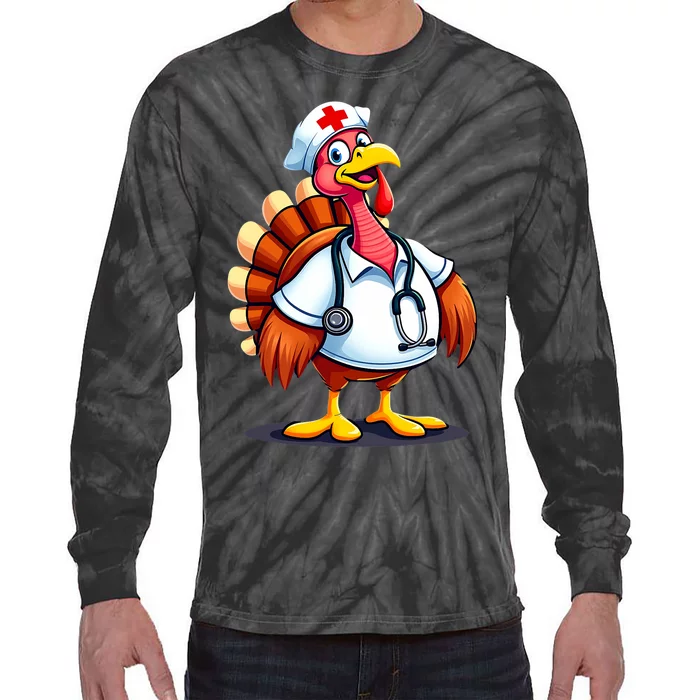 Funny Turkey Nurse Cartoon Thanksgiving Nurses Tie-Dye Long Sleeve Shirt