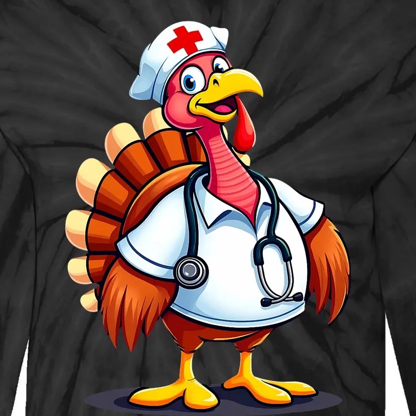 Funny Turkey Nurse Cartoon Thanksgiving Nurses Tie-Dye Long Sleeve Shirt