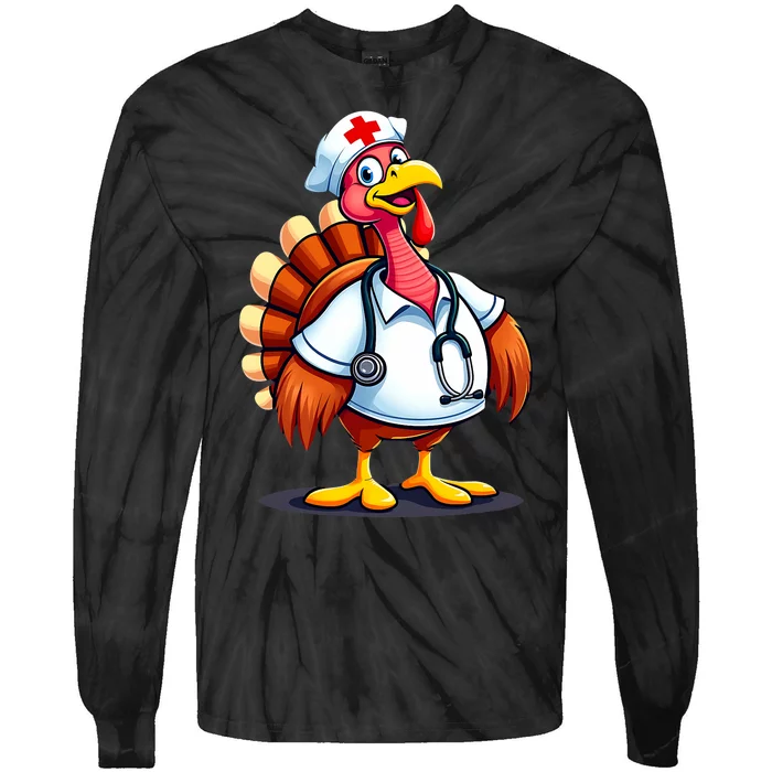 Funny Turkey Nurse Cartoon Thanksgiving Nurses Tie-Dye Long Sleeve Shirt