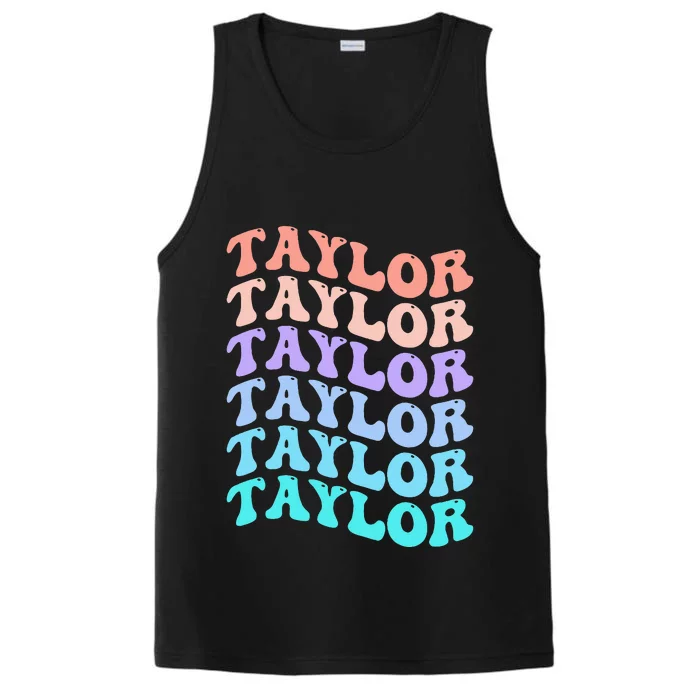 Funny Taylor name groovy colourful love i love Ts Taylor Performance Tank