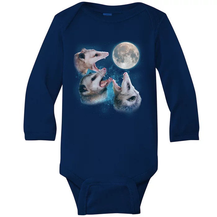 Funny Three Opossum Moon Baby Long Sleeve Bodysuit