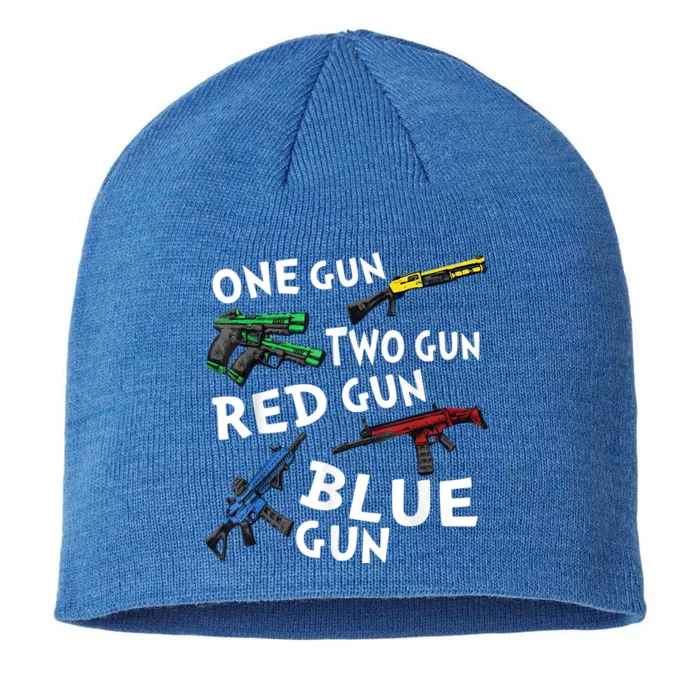 Funny Tee One Gun Two Gun Red Gun Blue Gun Custome 8 1/2in Sustainable Knit Beanie