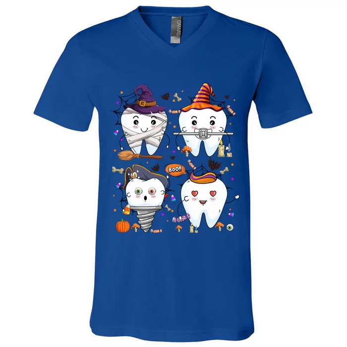 Funny Trick Or Teeth Denstist Halloween Costume Dental Squad Funny Gift V-Neck T-Shirt