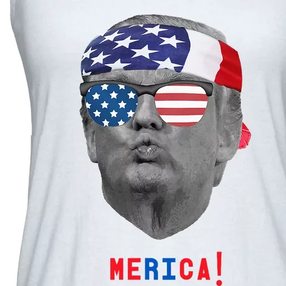 Funny Trump Pucker Face Merica Usa Flag Sunglasses Ladies Essential Flowy Tank