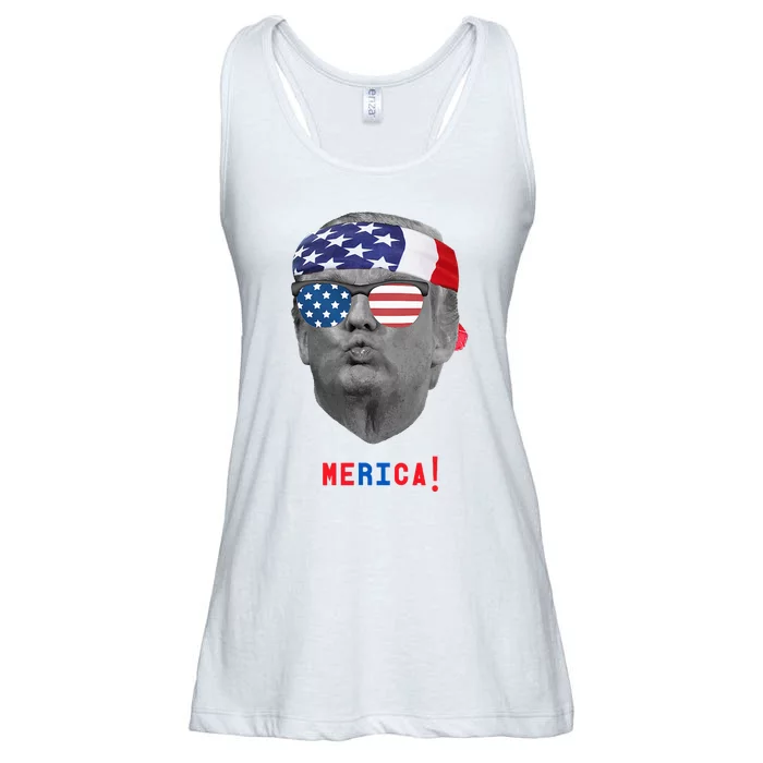 Funny Trump Pucker Face Merica Usa Flag Sunglasses Ladies Essential Flowy Tank