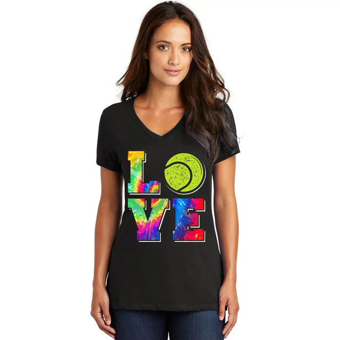 Funny Tennis Player Racket Tie Dye Love Women's V-Neck T-Shirt