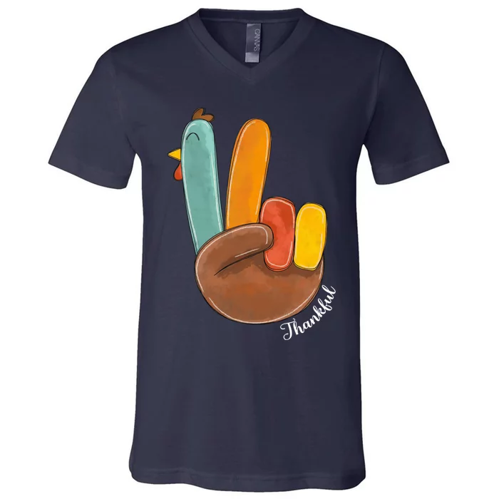 Funny Thanksgiving Peace Sign Turkey Thankful For Lovers V-Neck T-Shirt