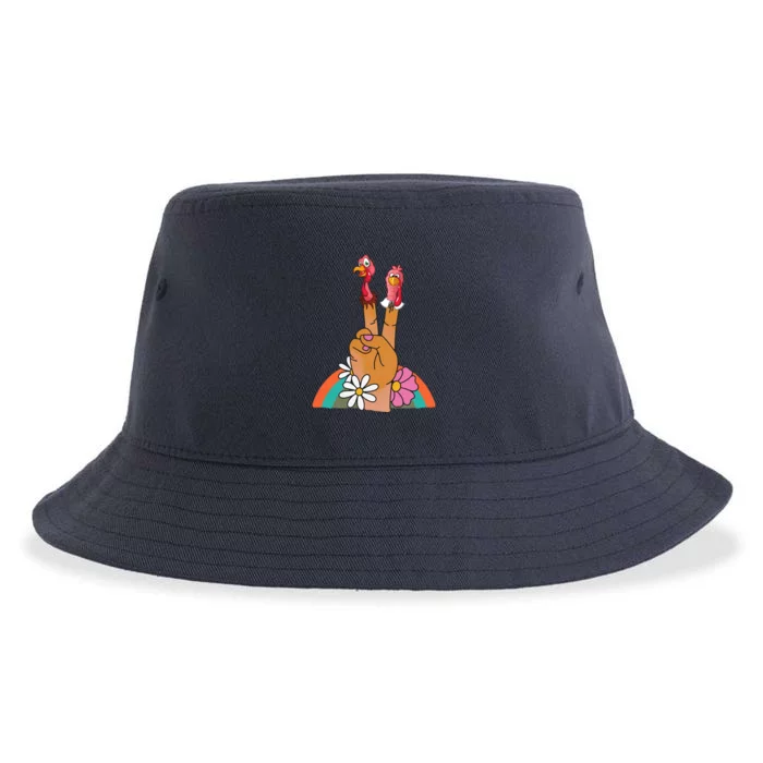 Funny Thanksgiving Peace Sign Turkey Retro Vintage Sustainable Bucket Hat