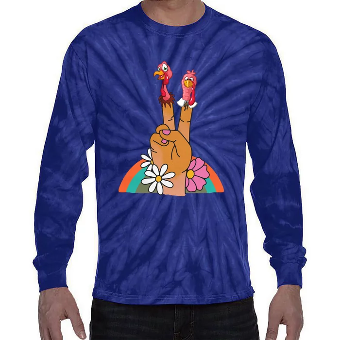 Funny Thanksgiving Peace Sign Turkey Retro Vintage Tie-Dye Long Sleeve Shirt