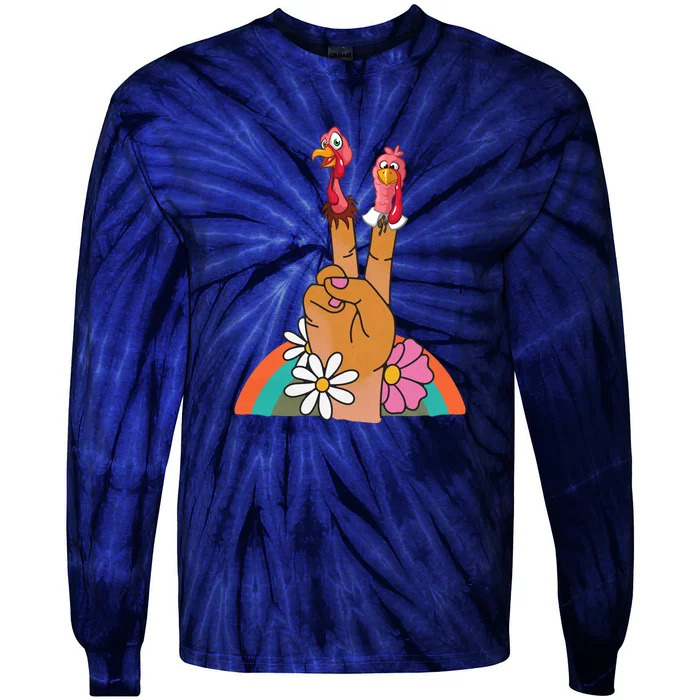 Funny Thanksgiving Peace Sign Turkey Retro Vintage Tie-Dye Long Sleeve Shirt