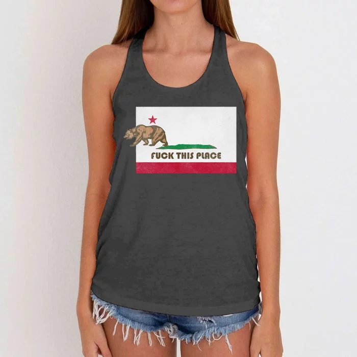 Fuck This Place California Republic Flag Funny The Bear Women's Knotted Racerback Tank