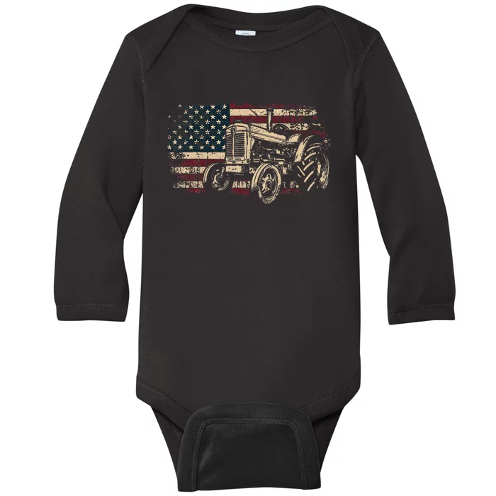 Farm Tractor Proud Farmer Patriotic American Flag Tractor Baby Long Sleeve Bodysuit