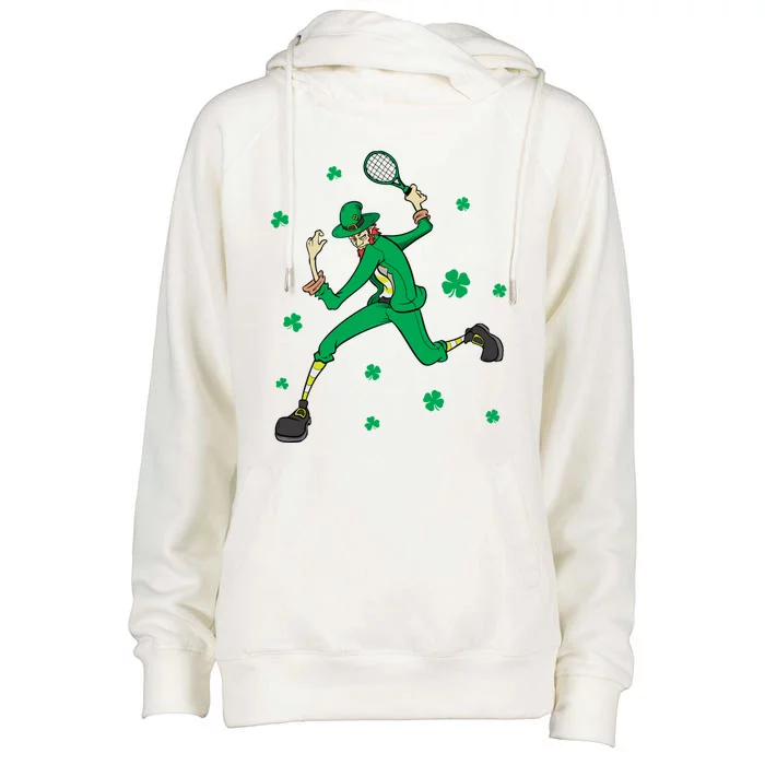 Funny Tennis Player Leprechaun St Patrick's Day Tennis Fan Gift Womens Funnel Neck Pullover Hood