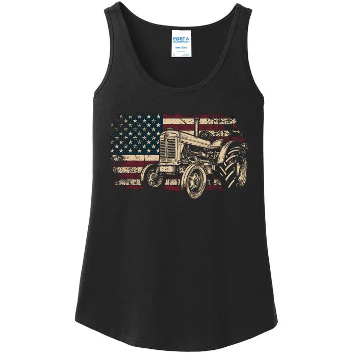 Farm Tractor Proud Farmer Patriotic American Flag Tractor Ladies Essential Tank