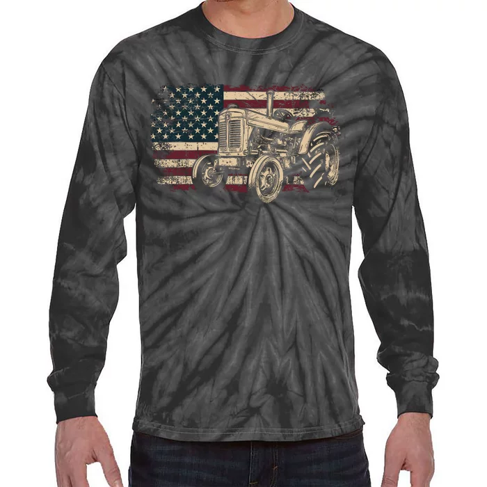 Farm Tractor Proud Farmer Patriotic American Flag Tractor Tie-Dye Long Sleeve Shirt