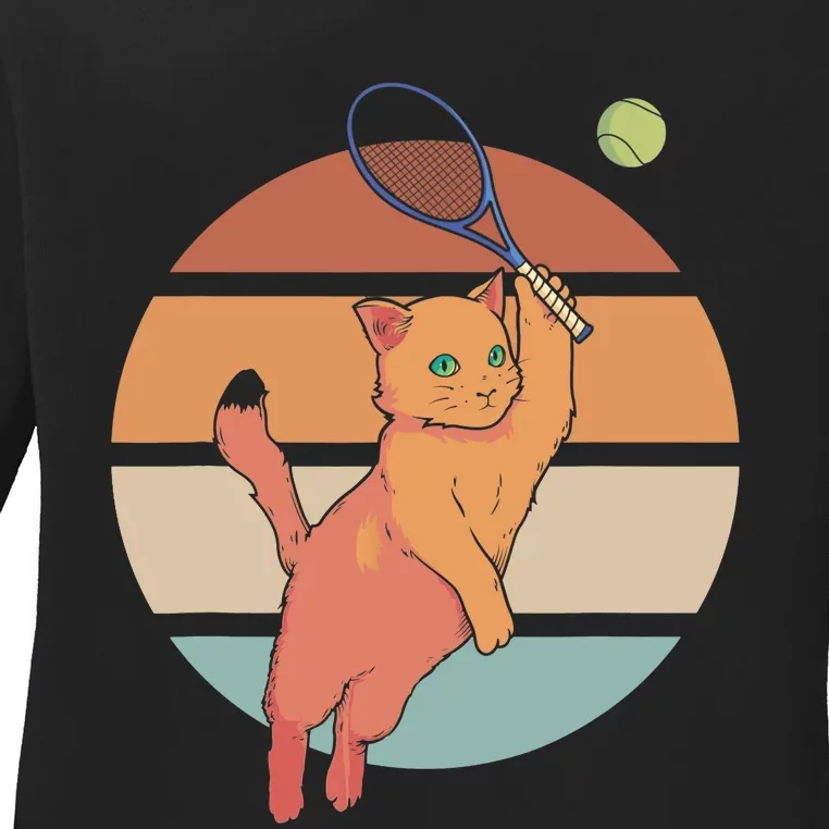 Funny Tennis Racket Cat Playing Tennis Ladies Long Sleeve Shirt