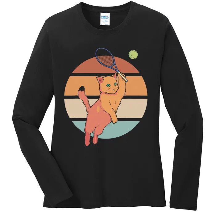 Funny Tennis Racket Cat Playing Tennis Ladies Long Sleeve Shirt