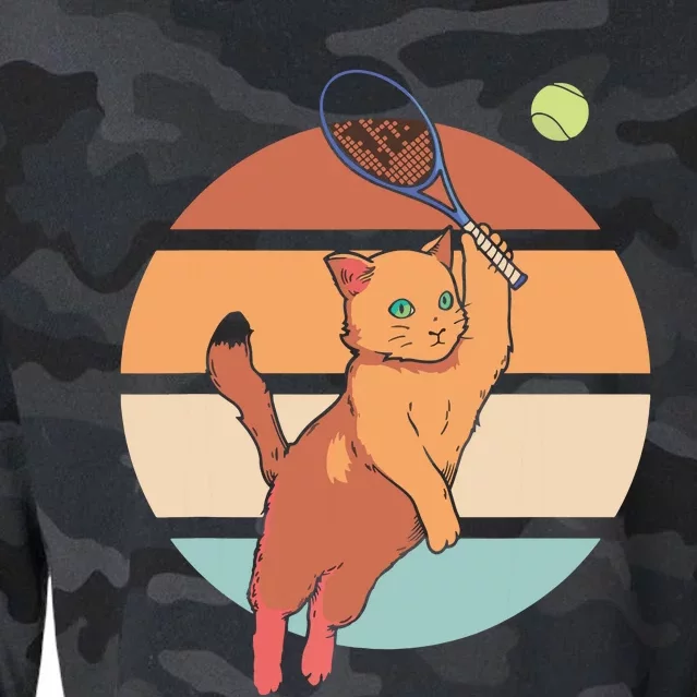 Funny Tennis Racket Cat Playing Tennis Cropped Pullover Crew