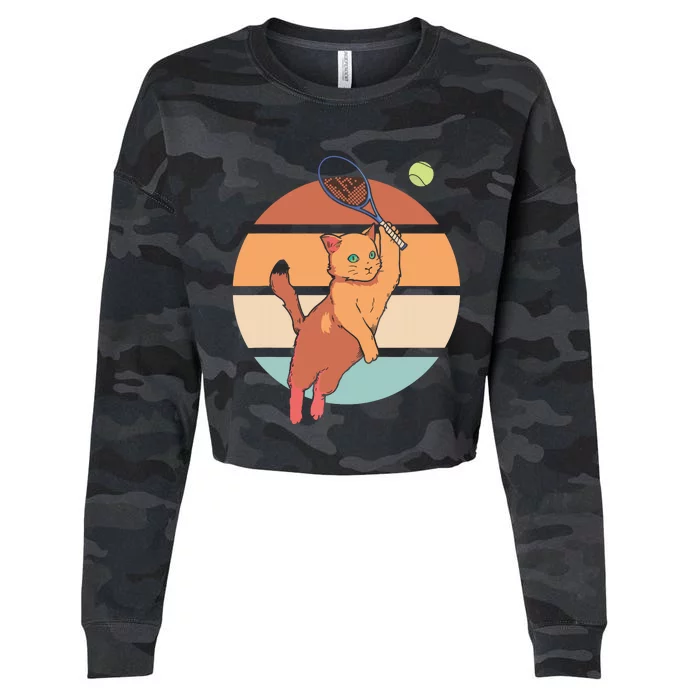 Funny Tennis Racket Cat Playing Tennis Cropped Pullover Crew