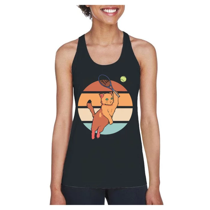 Funny Tennis Racket Cat Playing Tennis Women's Racerback Tank