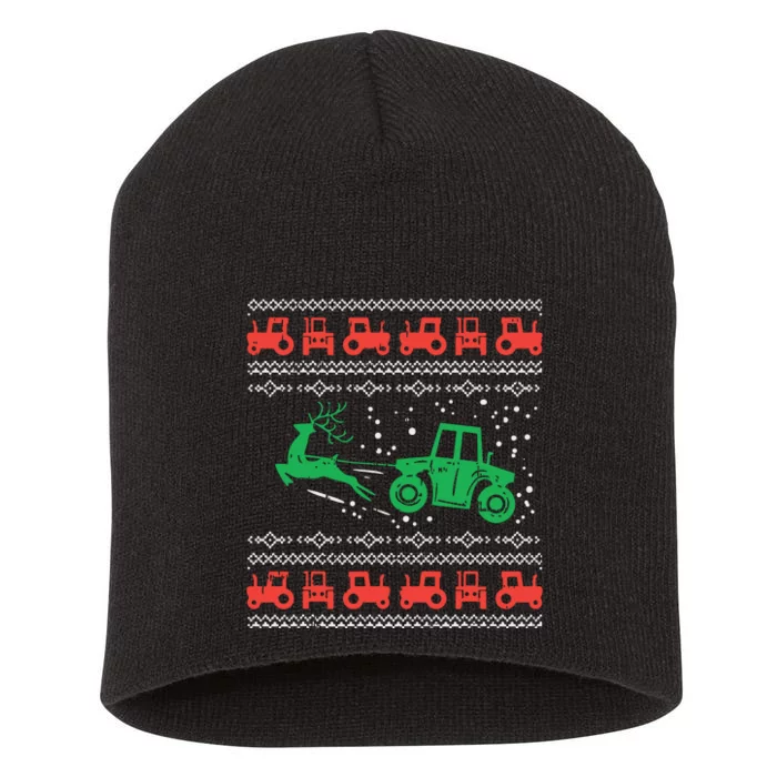 Farm Tractor Reindeer Fun Ugly Christmas Sweater Farmer Gift Short Acrylic Beanie