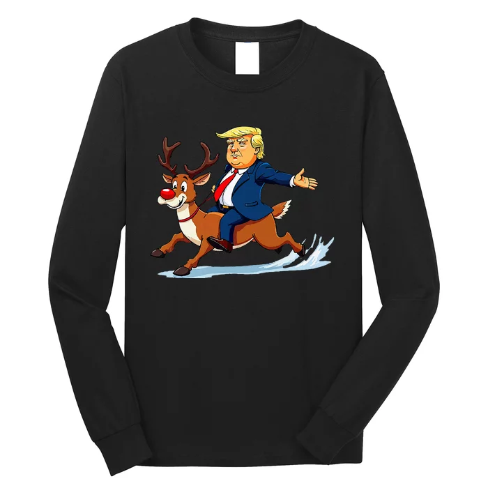 Funny Trump Riding Reindeer Christmas Trump Reindeer Long Sleeve Shirt