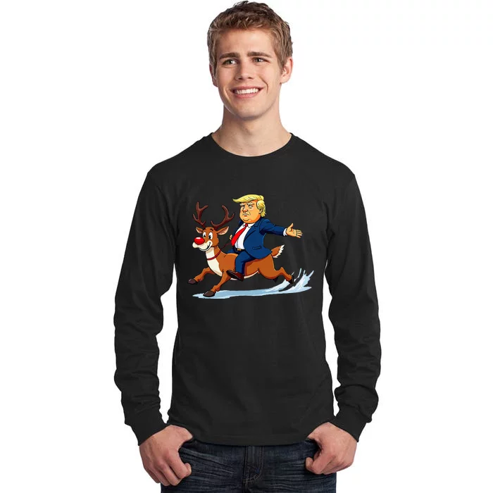 Funny Trump Riding Reindeer Christmas Trump Reindeer Tall Long Sleeve T-Shirt