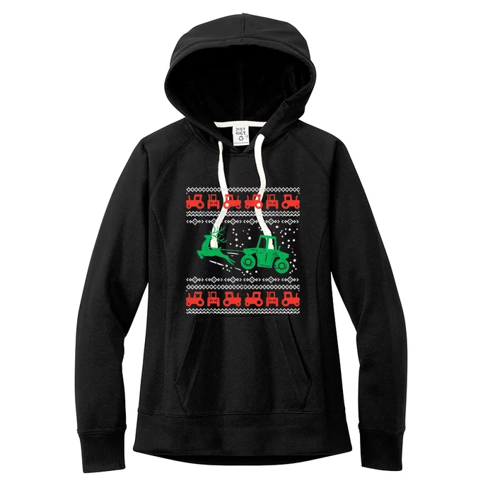 Farm Tractor Reindeer Fun Ugly Christmas Sweater Farmer Women's Fleece Hoodie