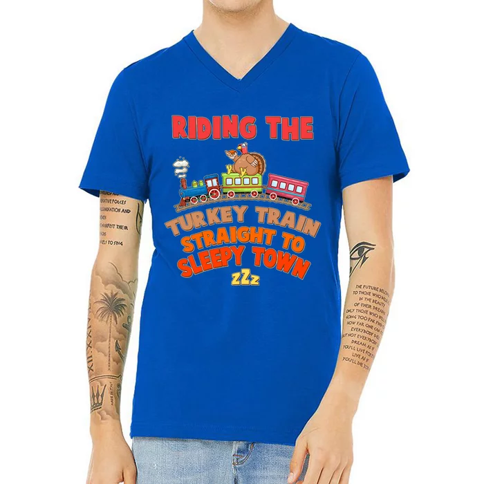 Funny Thanksgiving Riding The Turkey Train Straight To Sleepy Town V-Neck T-Shirt