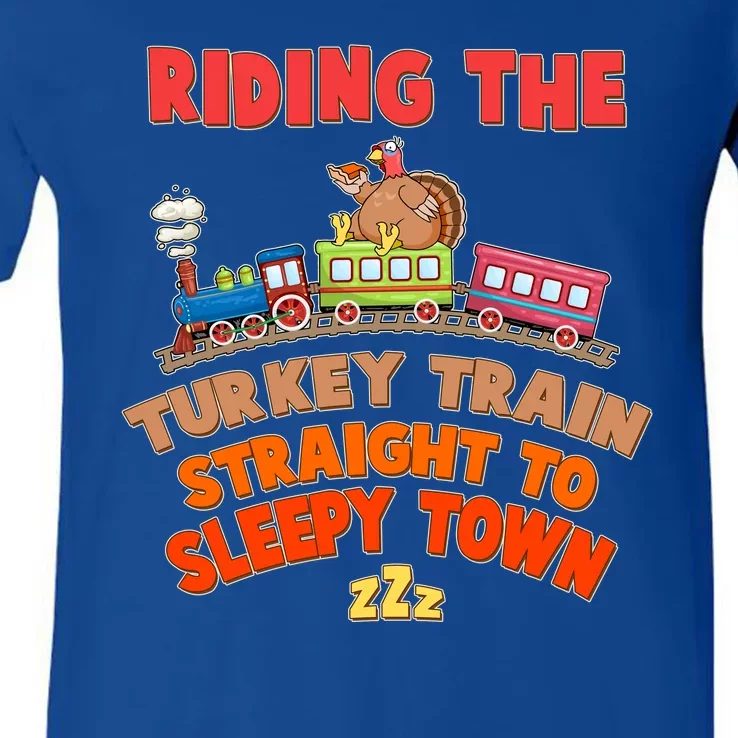 Funny Thanksgiving Riding The Turkey Train Straight To Sleepy Town V-Neck T-Shirt