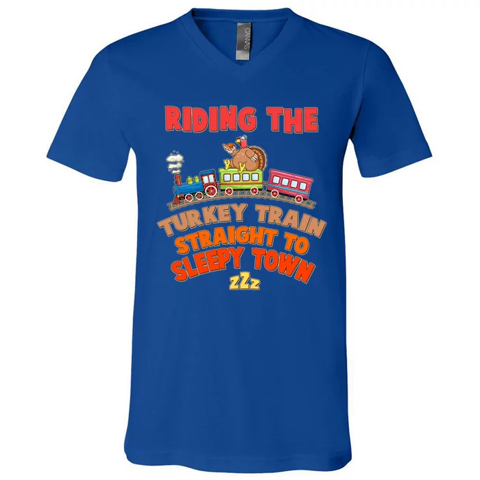 Funny Thanksgiving Riding The Turkey Train Straight To Sleepy Town V-Neck T-Shirt