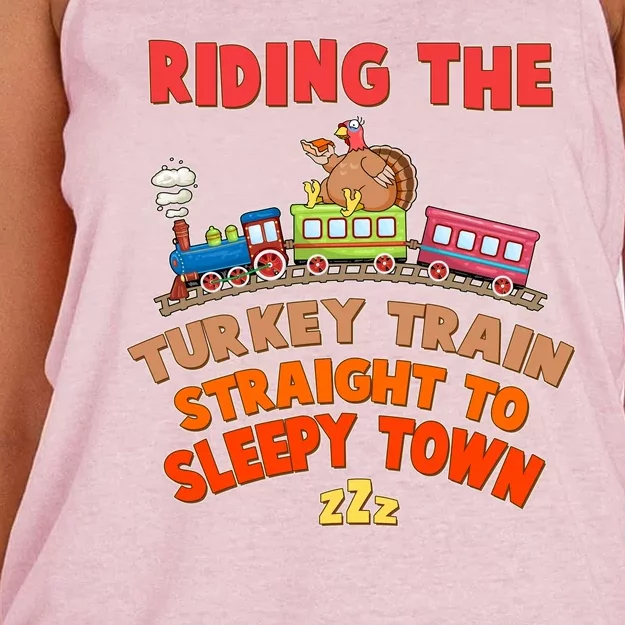 Funny Thanksgiving Riding The Turkey Train Straight To Sleepy Town Women's Knotted Racerback Tank