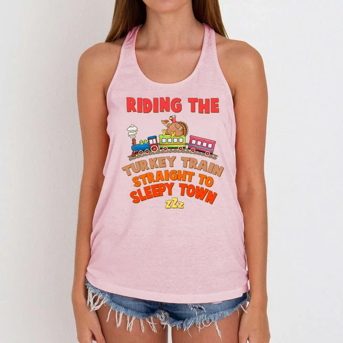 Funny Thanksgiving Riding The Turkey Train Straight To Sleepy Town Women's Knotted Racerback Tank