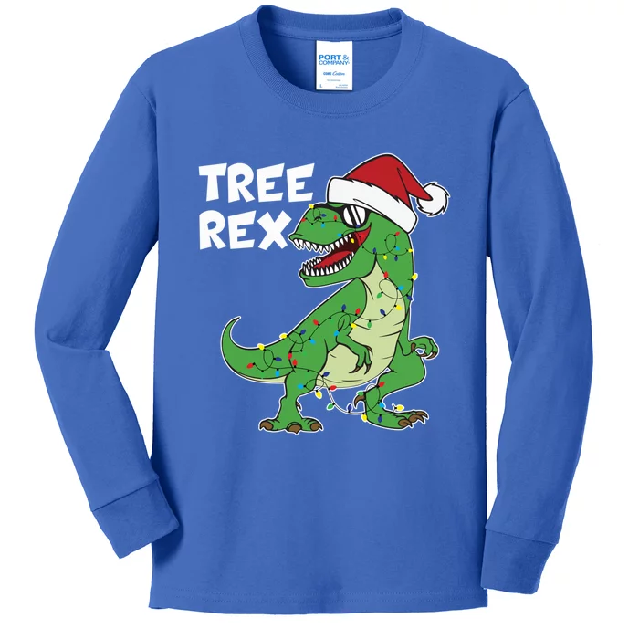 Funny Tree Rex T Rex Christmas Hat Lights Holiday Christmas Gift Kids Long Sleeve Shirt