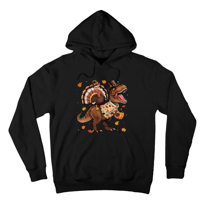 Funny Turkey Riding Dinosaur T Rex Thanksgiving Boy Hoodie