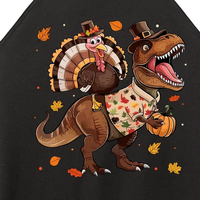 Funny Turkey Riding Dinosaur T Rex Thanksgiving Boy Women’s Perfect Tri Rocker Tank