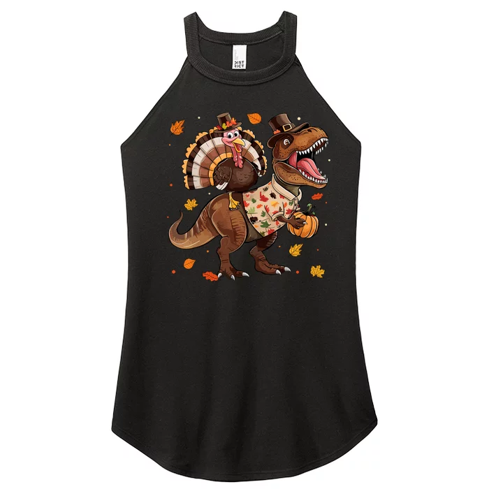 Funny Turkey Riding Dinosaur T Rex Thanksgiving Boy Women’s Perfect Tri Rocker Tank