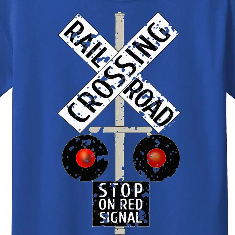 Funny Train Railroad Crossing With Lights Road Sign Kids T-Shirt