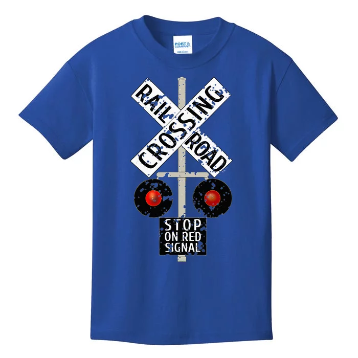 Funny Train Railroad Crossing With Lights Road Sign Kids T-Shirt