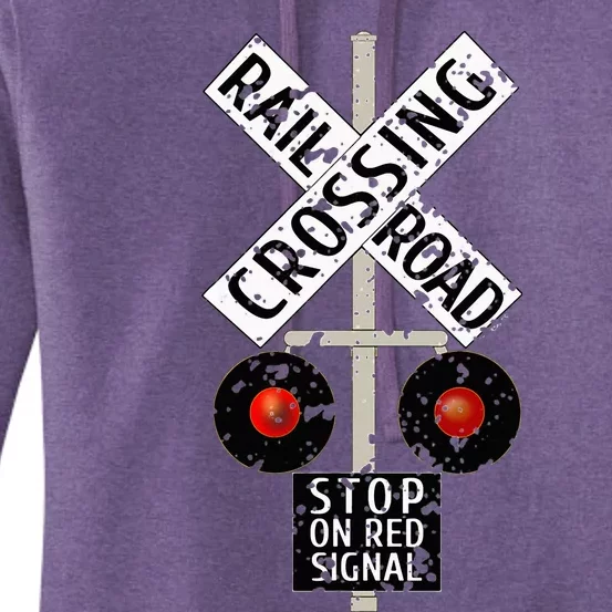 Funny Train Railroad Crossing With Lights Road Sign Women's Pullover Hoodie