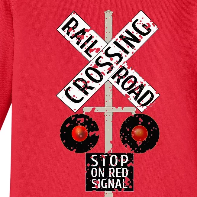 Funny Train Railroad Crossing With Lights Road Sign Baby Long Sleeve Bodysuit