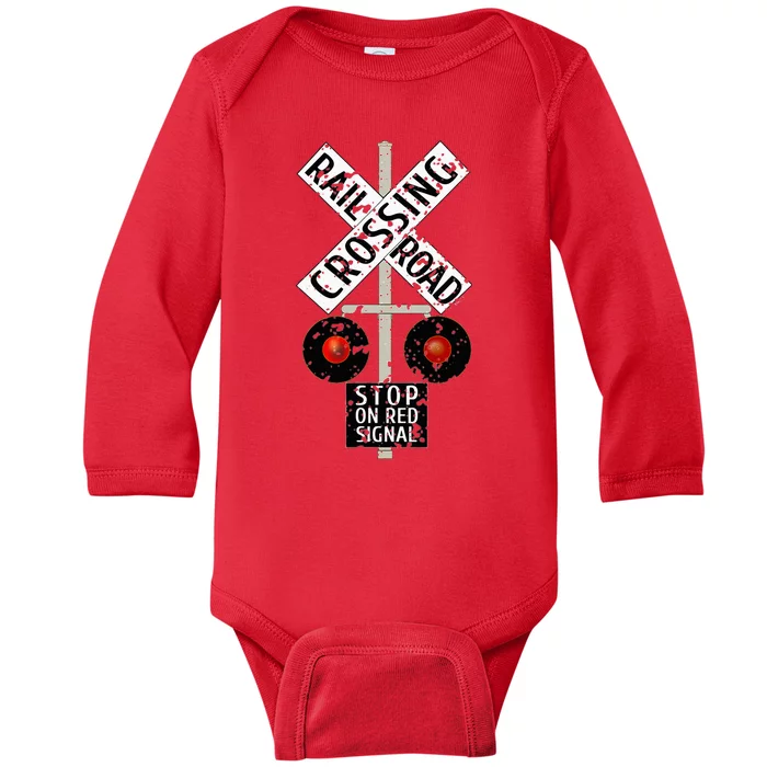 Funny Train Railroad Crossing With Lights Road Sign Baby Long Sleeve Bodysuit