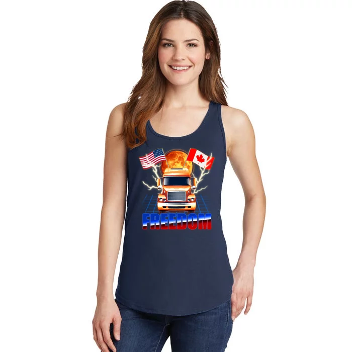 Funny Trucker Retro 80's Freedom USA Canada Flags Freedom Convoy Ladies Essential Tank