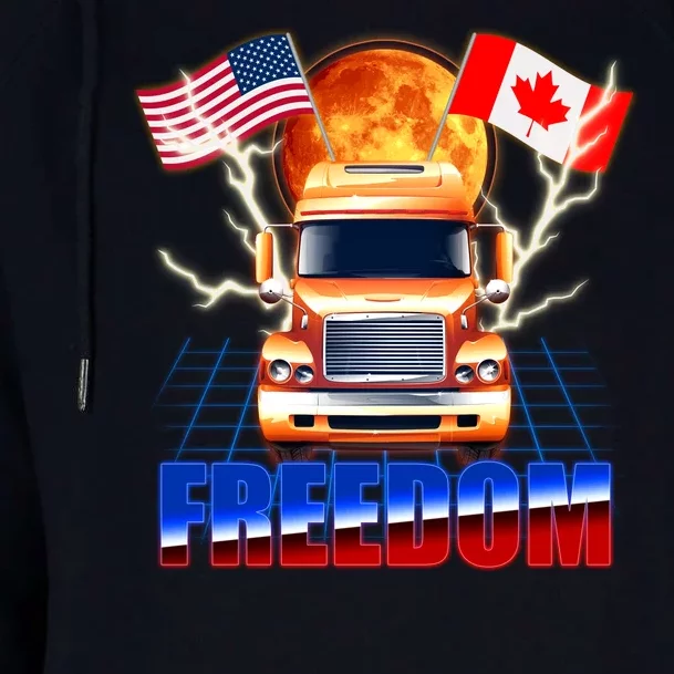 Funny Trucker Retro 80's Freedom USA Canada Flags Freedom Convoy Womens Funnel Neck Pullover Hood