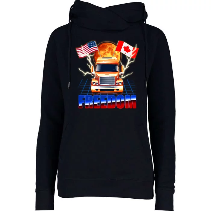 Funny Trucker Retro 80's Freedom USA Canada Flags Freedom Convoy Womens Funnel Neck Pullover Hood