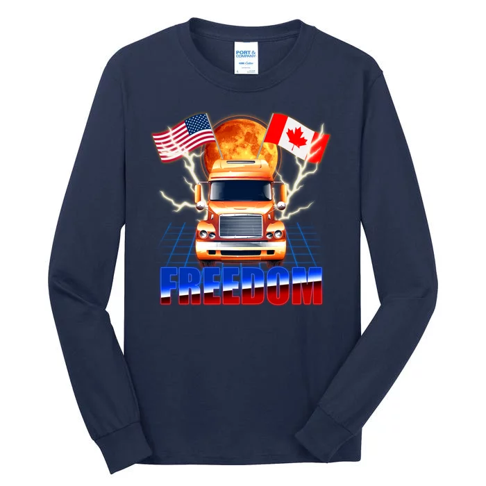 Funny Trucker Retro 80's Freedom USA Canada Flags Freedom Convoy Tall Long Sleeve T-Shirt